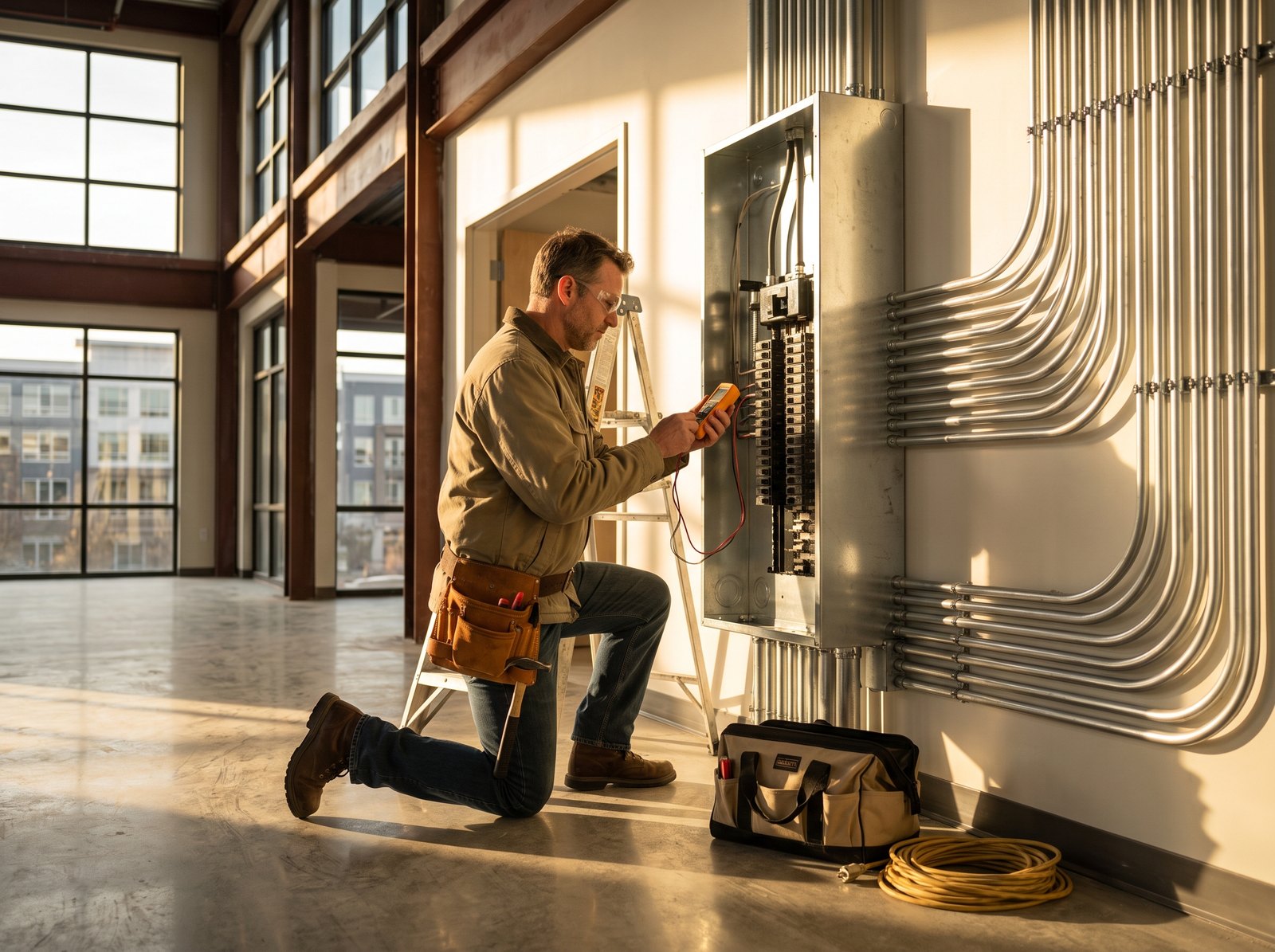 Electrician working on commercial electrical installation